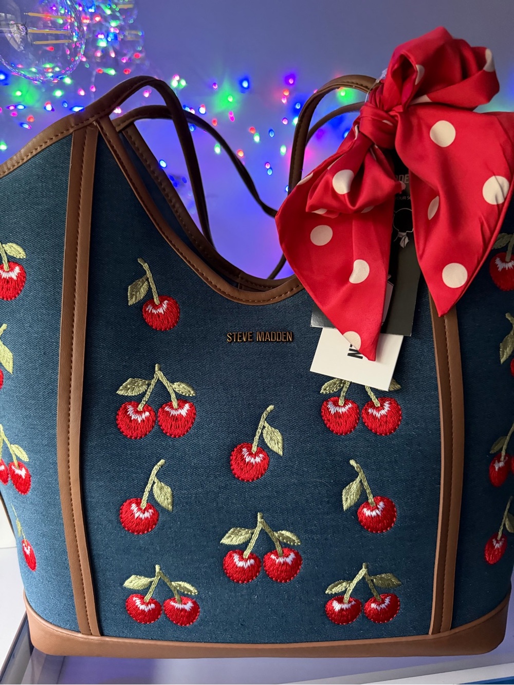 Steve Madden Navy Cherry Embroidered Tote with Brown Trim and Red Bow - Picture 6 of 8